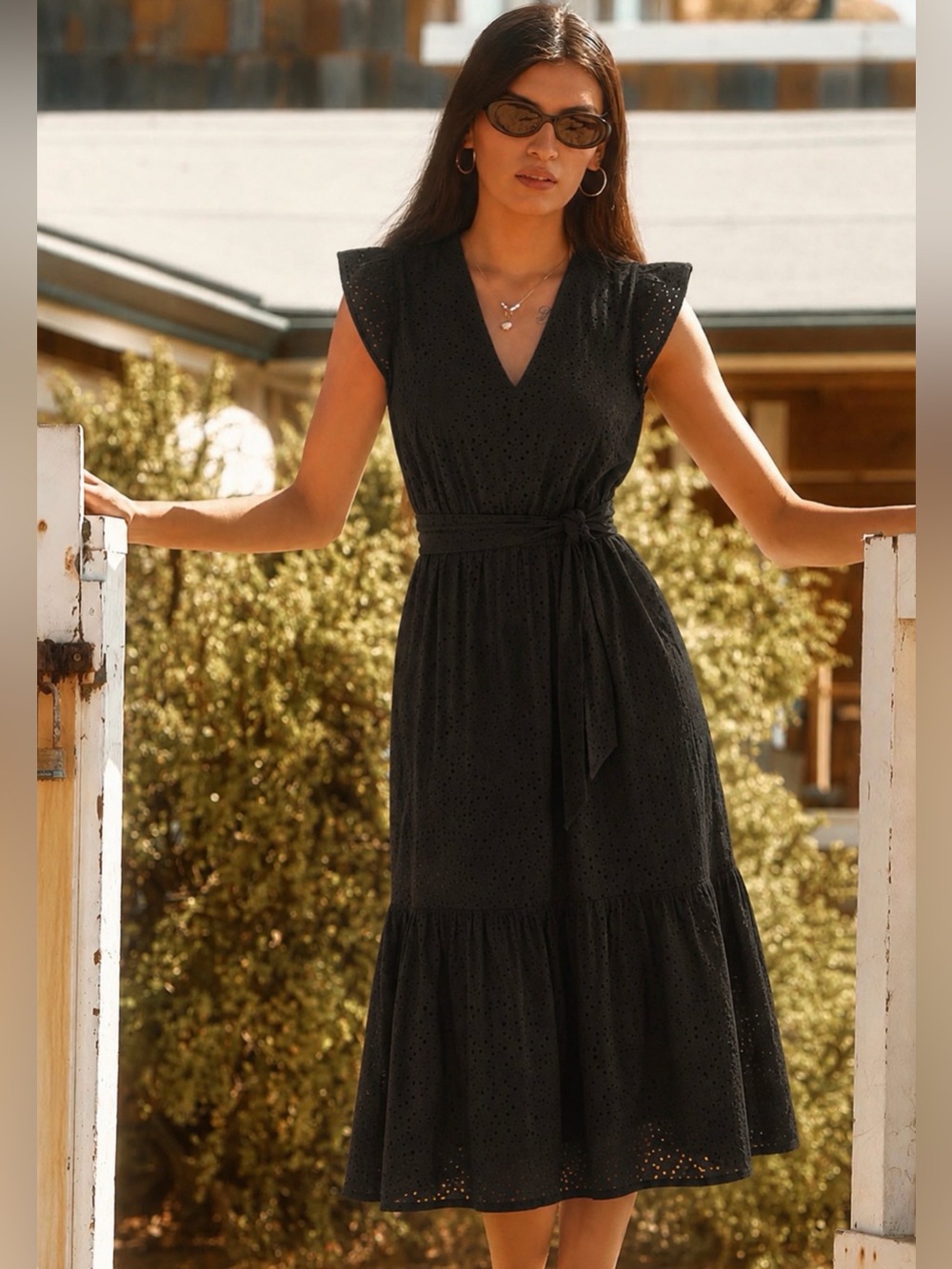 NWOT Evereve Black Eyelet Midi Dress with Waist Tie V Neck Small